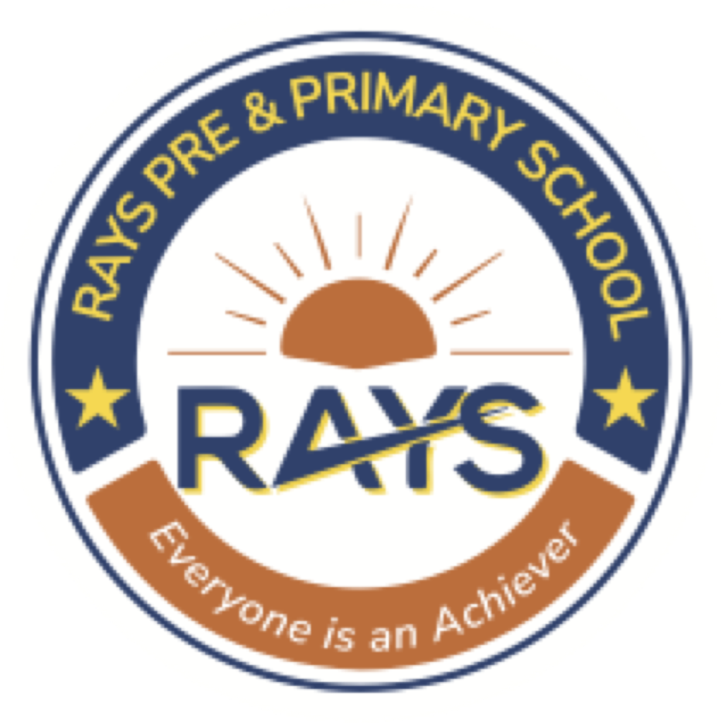 RAYS Pre & Primary School badge — a navy circular seal with a rising terracotta sun, two gold stars, and the words Everyone is an Achiever